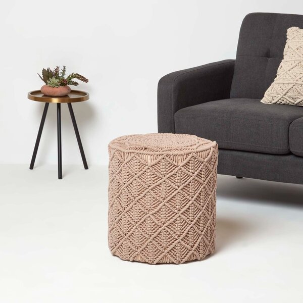 Homescapes Brown Round Macrame Footstool Pouffe 40 cm Tall