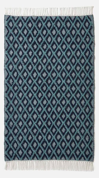 Teal & Navy Textured Rug 90 x 150 cm Geometric Ikat with Tassels