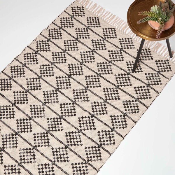 Handwoven Cotton Natural & Black Rug 90 x 150 cm Geometric with Tassels