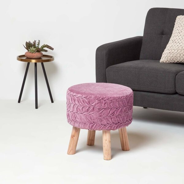 Lyla Purple Pink Pleated Velvet Round Pouffe Footstool on Legs 40cm Tall