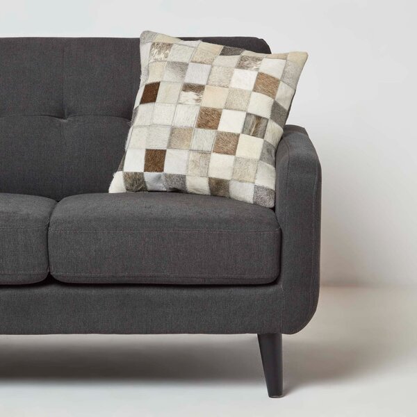 Homescapes Block Check Grey Leather Cushion 45 x 45 cm