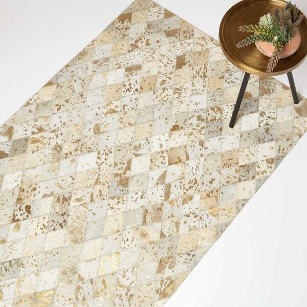 Homescapes Gold & Grey Leather Rug 90 x 150 cm Geometric Design