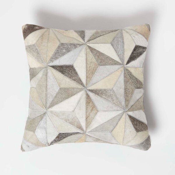 Homescapes Geometric Star Grey Leather Cushion 45 x 45 cm