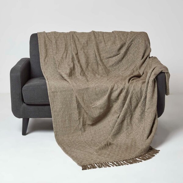 Homescapes Brown & Natural Cotton Throw with Tassels 150 x 200 cm