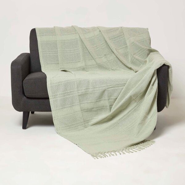 Homescapes Sage Green Cotton Throw with Tassels 150 x 200 cm