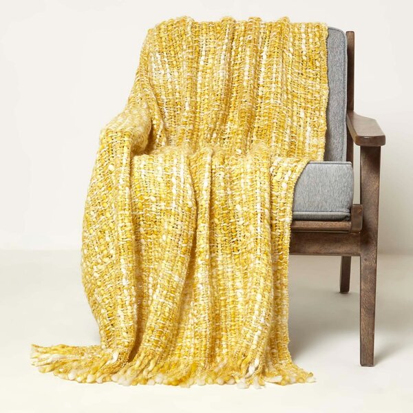 Homescapes Soft Handwoven Yellow Throw with Tassels 125 x 150 cm