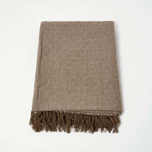 Homescapes Brown & Natural Cotton Throw with Tassels 150 x 200 cm