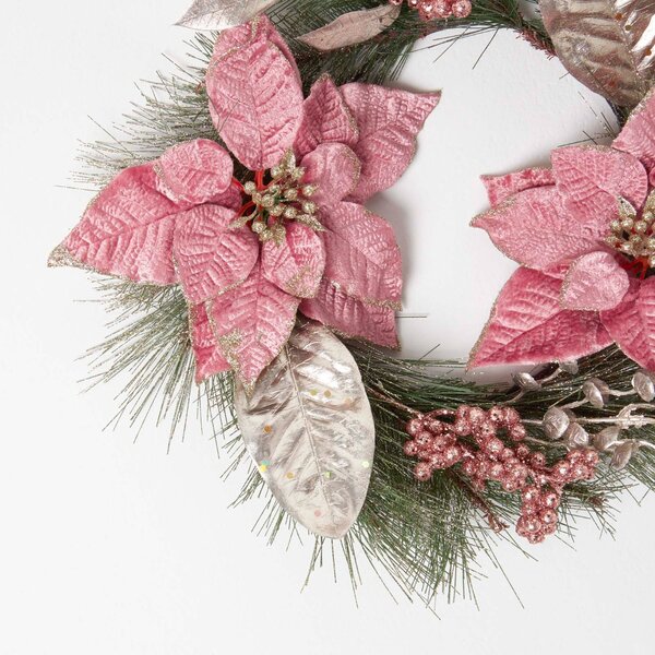 Homescapes Pink Poinsettia Christmas Wreath, 45 cm