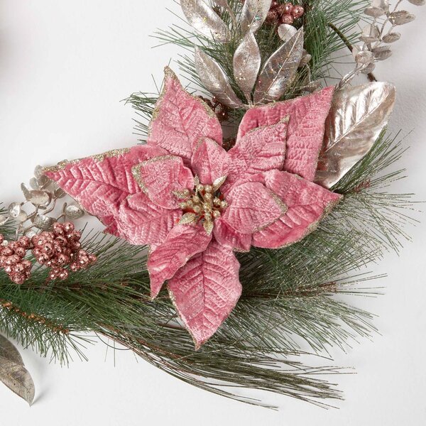 Homescapes Pink & Green Poinsettia Christmas Garland, 182 cm