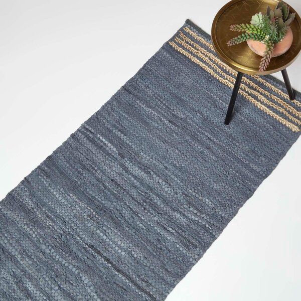 Homescapes Grey Recycled Stripe Leather Rug, 66 x 200 cm