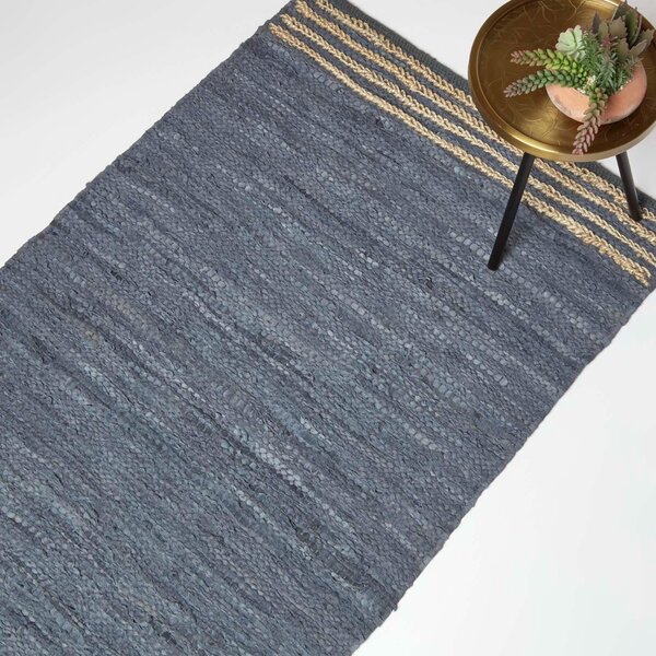 Homescapes Grey Recycled Stripe Leather Rug, 90 x 150 cm