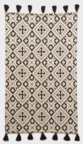 Homescapes Black Geometric Cotton Rug with Tassels, 90 x 150 cm