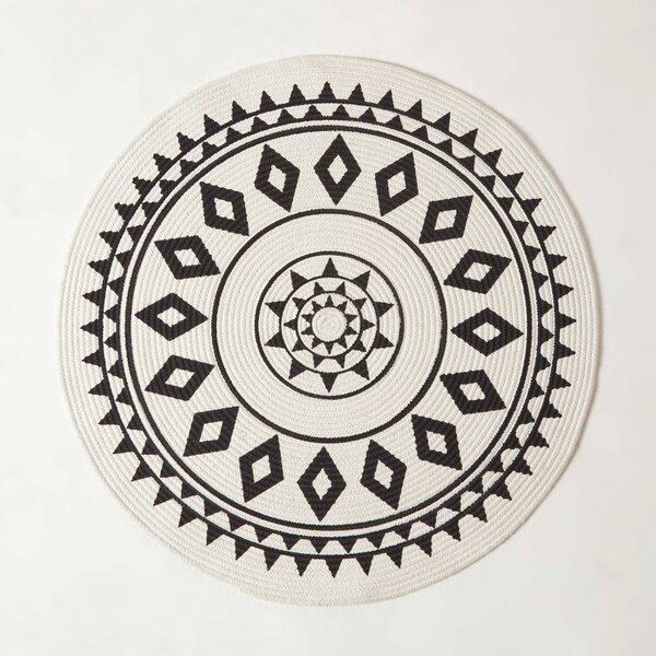 Homescapes White and Black Mandala Woven Cotton Rug, 90 cm Round