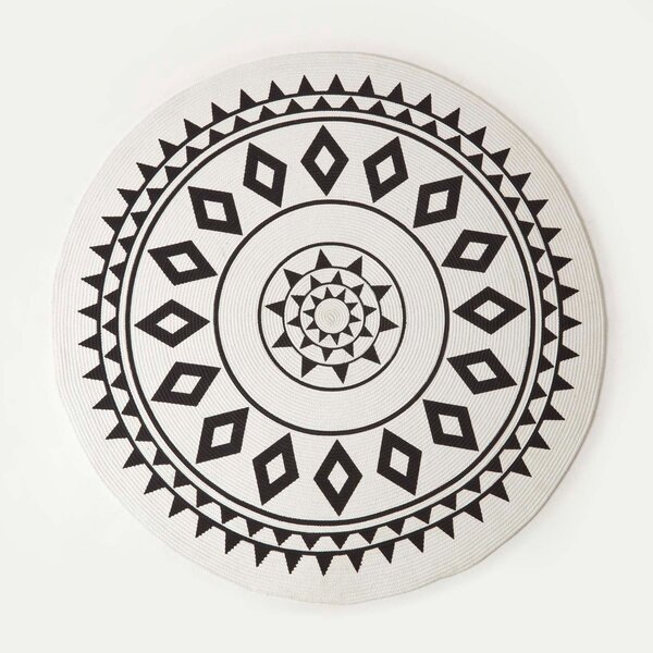 Homescapes White and Black Mandala Woven Cotton Rug, 150 cm Round