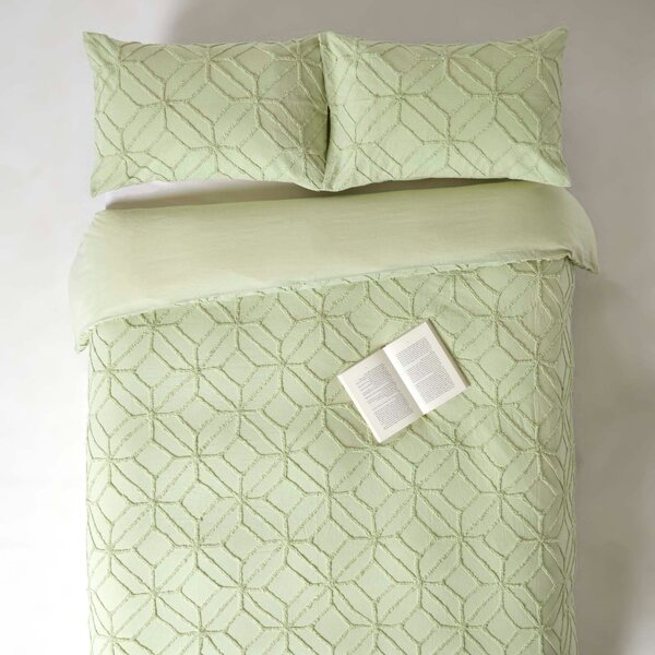 Homescapes Sage Green Diamond Cotton Tufted Duvet Cover Set Single