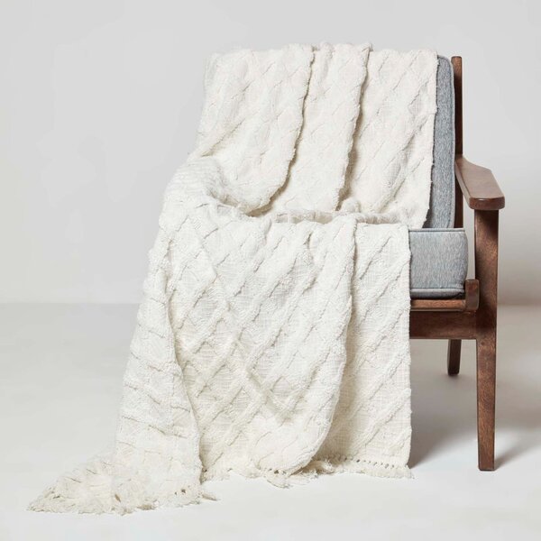 Homescapes White Diamond Cotton Tufted Throw 125 x 150 cm