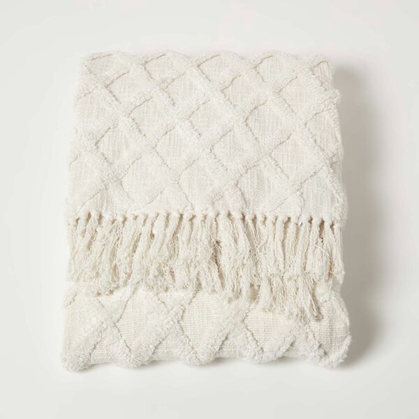 Homescapes White Diamond Cotton Tufted Throw 125 x 150 cm