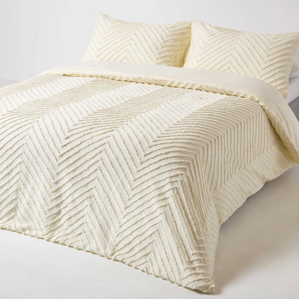 Homescapes Off White Chevron Cotton Tufted Duvet Cover Set Single