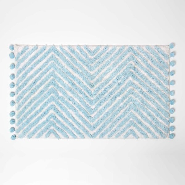 Homescapes Blue Bath Mat Zig Zag with Pom Pom Edges 50 x 80 cm