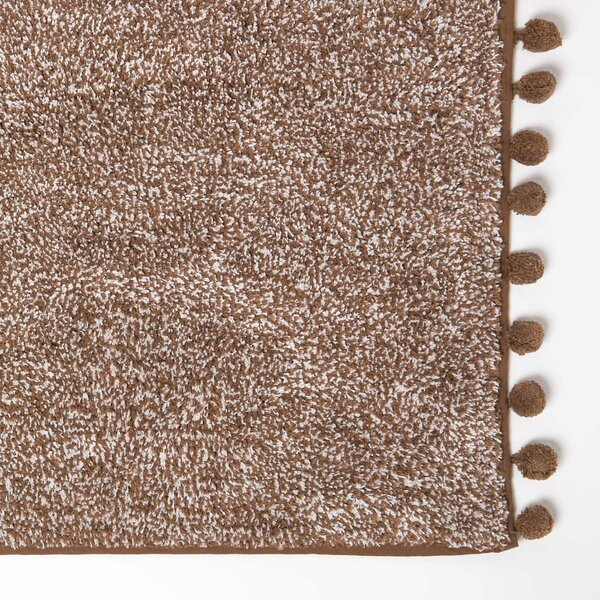 Homescapes Tufted Brown Cotton Bath Mat with Pom Pom Edges 50 x 80 cm