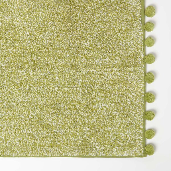 Homescapes Tufted Green Cotton Bath Mat with Pom Pom Edges 50 x 80 cm