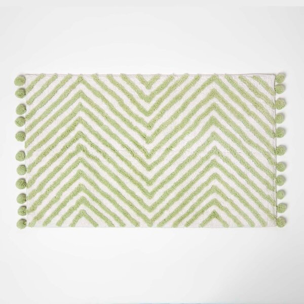 Homescapes Green Bath Mat Zig Zag with Pom Pom Edges 50 x 80 cm