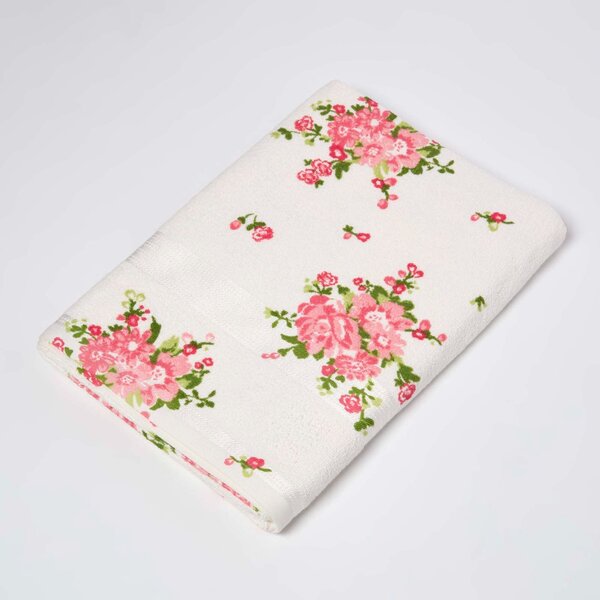 Homescapes Pink and Coral Floral Printed White Bath Sheet 100% Cotton