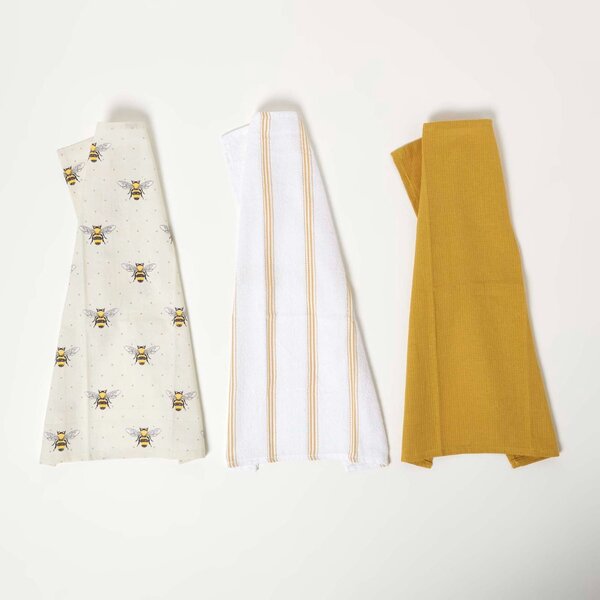 Homescapes Set of 3 100% Cotton Yellow Bee Tea Towels