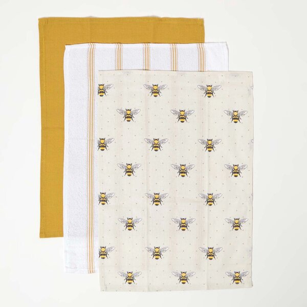 Homescapes Set of 3 100% Cotton Yellow Bee Tea Towels