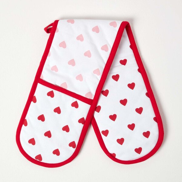 Homescapes Cotton Hearts Red Pink Double Oven Glove