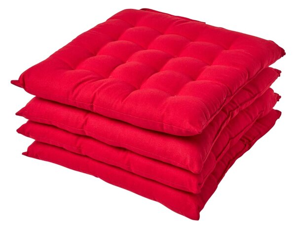 Red Plain Seat Pad with Button Straps 100% Cotton 40 x 40 cm, Set of 4