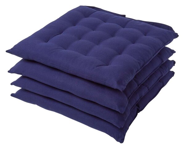 Navy Blue Plain Seat Pad with Straps 100% Cotton 40 x 40 cm, Set of 4