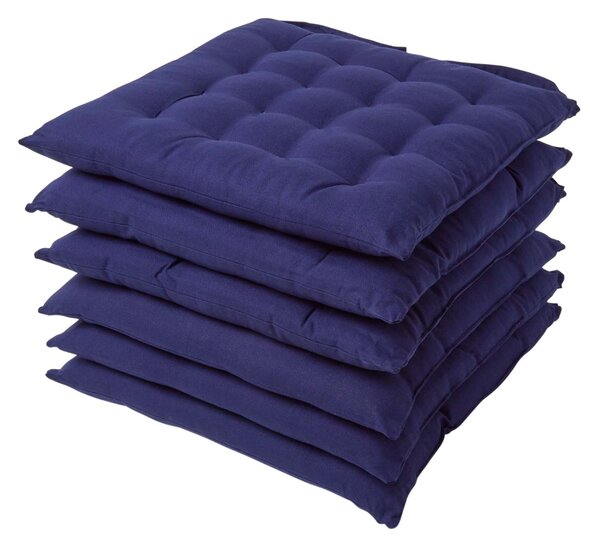 Navy Blue Plain Seat Pad with Straps 100% Cotton 40 x 40 cm, Set of 6