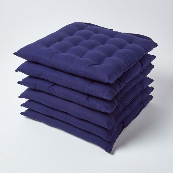 Navy Blue Plain Seat Pad with Straps 100% Cotton 40 x 40 cm, Set of 6