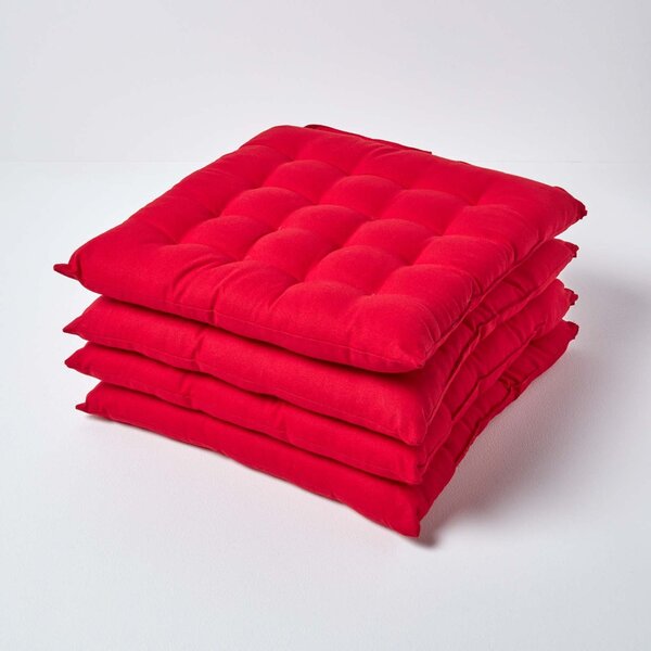 Red Plain Seat Pad with Button Straps 100% Cotton 40 x 40 cm, Set of 4