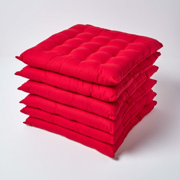 Red Plain Seat Pad with Button Straps 100% Cotton 40 x 40 cm, Set of 6