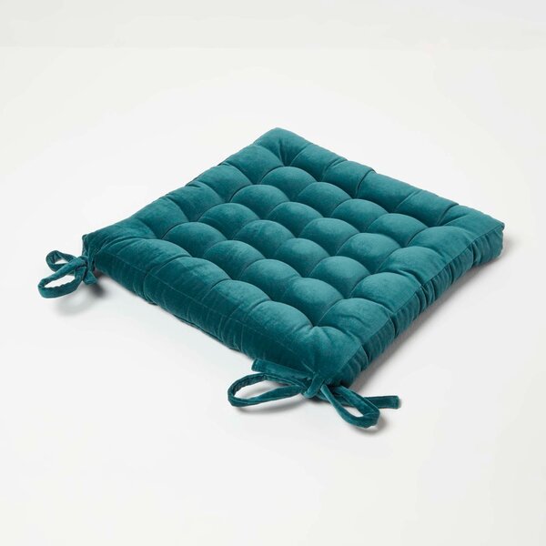 Homescapes Teal Green Quilted Velvet Seat Chair Pad 40x40cm with Ties