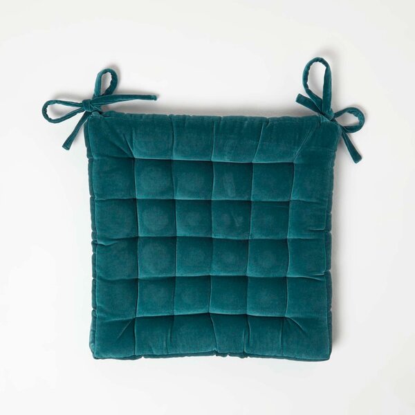 Homescapes Teal Green Quilted Velvet Seat Chair Pad 40x40cm with Ties