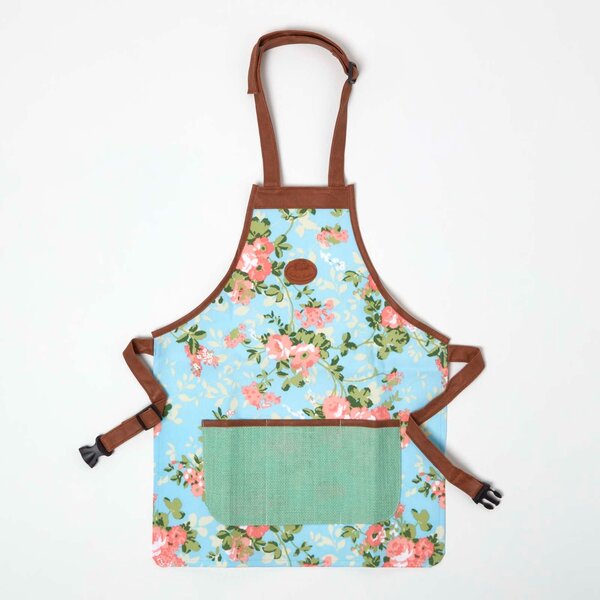 Homescapes Blue and Pink Gardening Apron with Floral Rose Design - Chef Apron