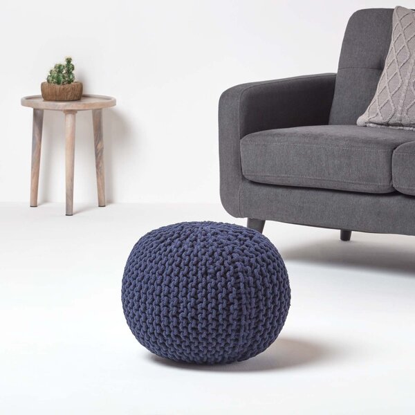 Homescapes Navy Blue Knitted Cotton Pouffe Footstool Round 35 x 40 cm