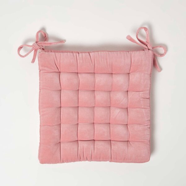 Homescapes Blush Pink Quilted Velvet Seat Chair Pad 40x40cm with Ties