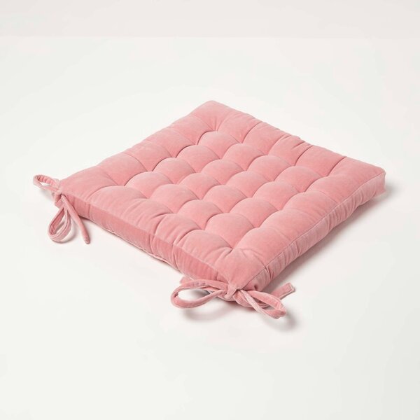 Homescapes Blush Pink Quilted Velvet Seat Chair Pad 40x40cm with Ties