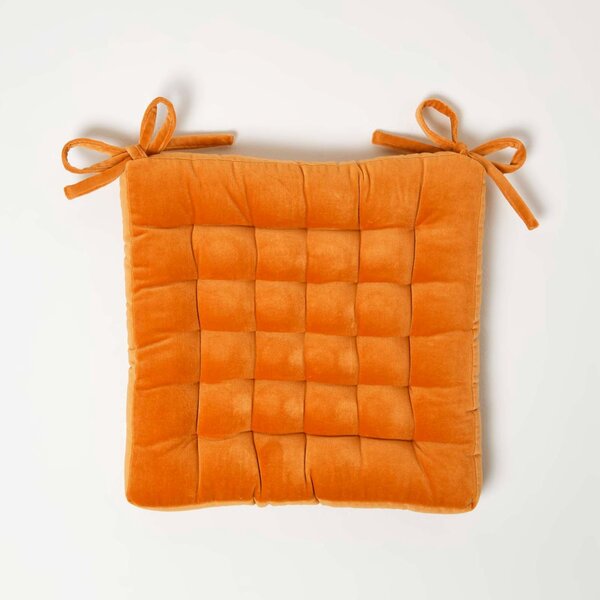 Homescapes Orange Quilted Velvet Seat Chair Pad 40x40cm with Ties