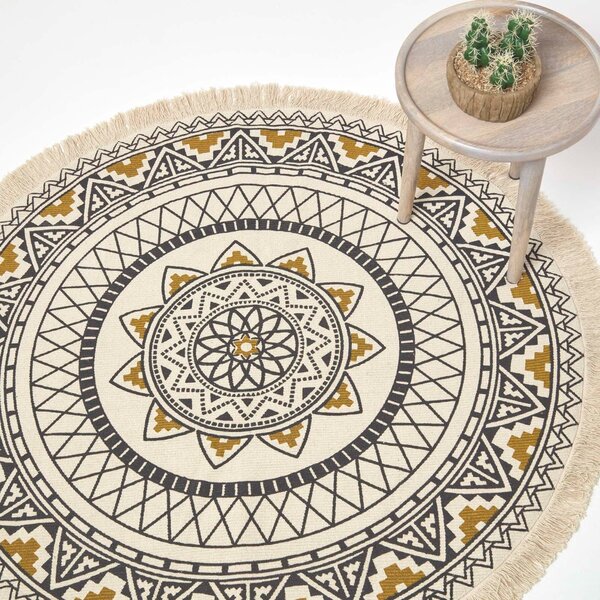 Homescapes Black and Gold Mandala Rug Geometric 100% Cotton Round Rug