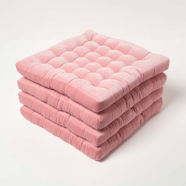 Set of 4 Blush Pink Quilted Velvet Seat Chair Pad 40x40cm with Ties