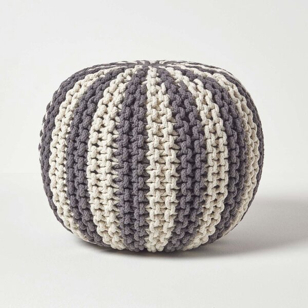 HOMESCAPES Off White and Grey Knitted Pouffe Striped Footstool 35 x 40cm