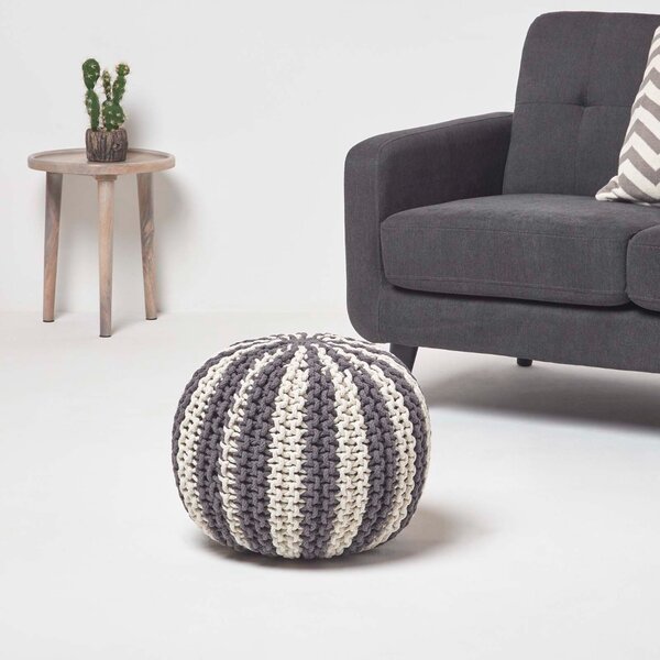 HOMESCAPES Off White and Grey Knitted Pouffe Striped Footstool 35 x 40cm