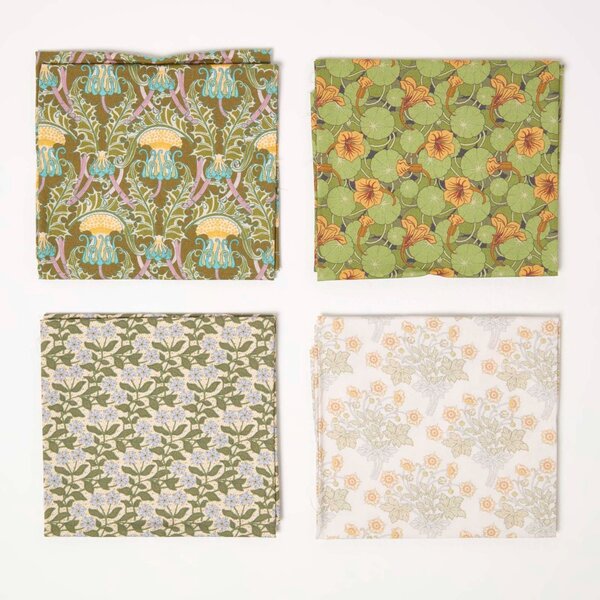 Homescapes Set of 4 Art Deco Fat Quarters Fabric Bundles - Dark Green Palette