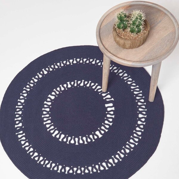 HOMESCAPES Navy Crochet Braided Rug 70cm Round