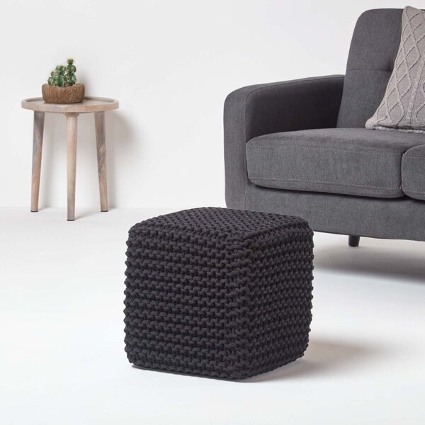 Homescapes Black Knitted Cotton Cube Footstool 35 x 35 x 35 cm